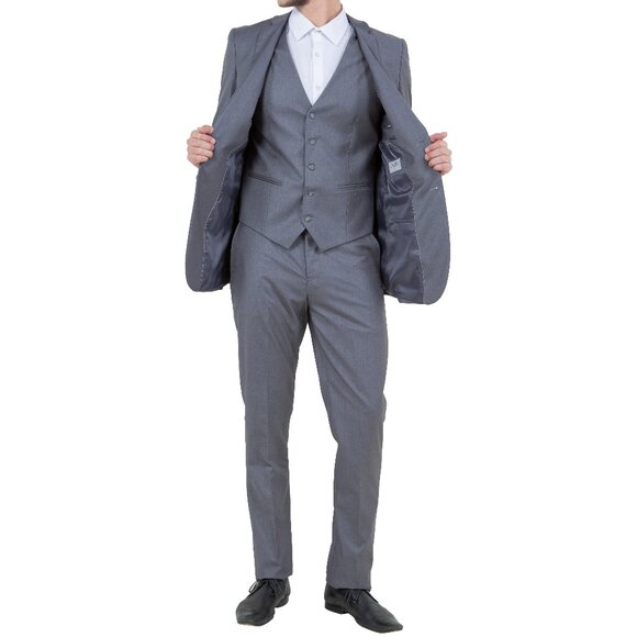Solid Grey 3 Piece Slim Fit Tazzio Men's Suit - Picture 1 of 5